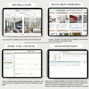 Op de afbeelding: Vier digitale tablets met organisatietools. De tablet linksboven toont een "Voor & Na" vergelijking van een huisrenovatie. De tablet rechtsboven toont "Renovatie Inspiratie" idee&euml;n. De tablet linksonder toont een "Slimme Taak Kalender". De tablet rechtsonder toont "Home Informatie".