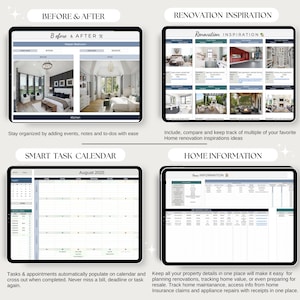 May include: A digital planner with four sections: "Before & After," "Renovation Inspiration," "Smart Task Calendar," and "Home Information." The "Before & After" section shows home renovation images. The "Smart Task Calendar" displays an August 2025 calendar.