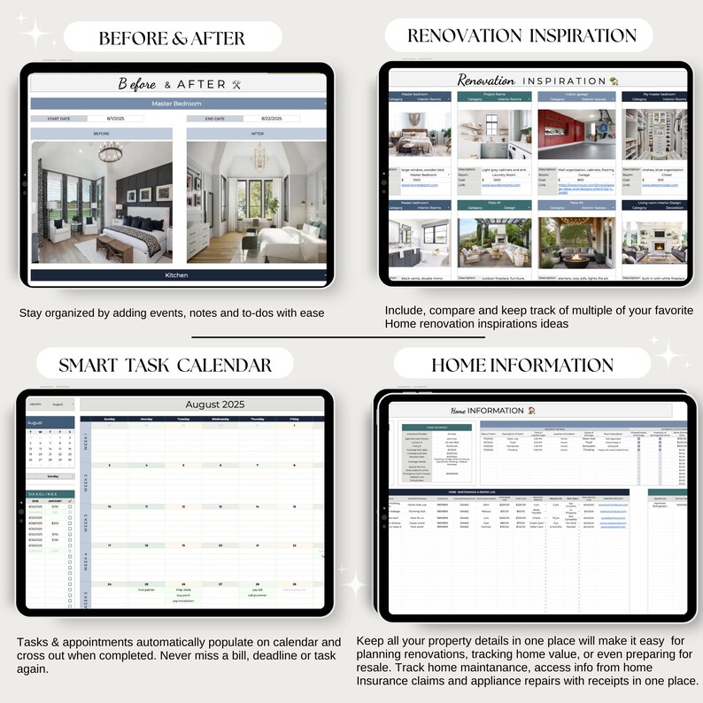 May include: A digital planner with four sections: "Before & After," "Renovation Inspiration," "Smart Task Calendar," and "Home Information." The "Before & After" section shows home renovation images. The "Smart Task Calendar" displays an August 2025 calendar.