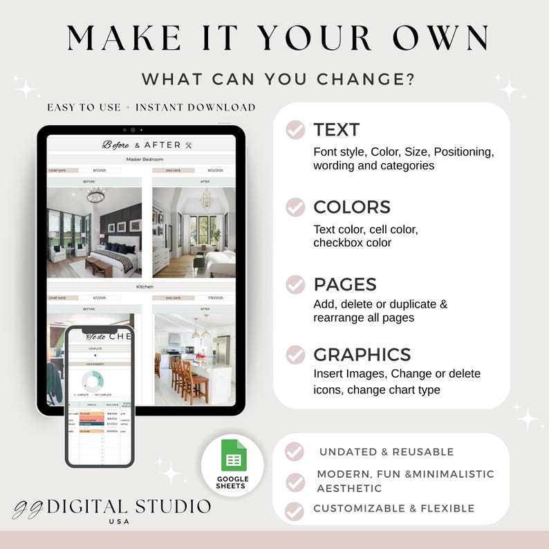Op de afbeelding: Een digitaal ontwerp met de tekst "MAKE IT YOUR OWN" en "WHAT CAN YOU CHANGE?". Een tablet en telefoon tonen een "Voor & Na"-ontwerp. Bevat tekst, kleuren, pagina's en afbeeldingen. Het ontwerp is ongedateerd, herbruikbaar, modern, leuk, minimalistisch, esthetisch, aanpasbaar en flexibel.