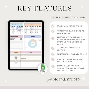 May include: A digital planner displayed on a tablet, featuring calendar views for December and January, task tracking, and progress graphs. Text includes "Key Features" and "Easy to Use + Instant Download."