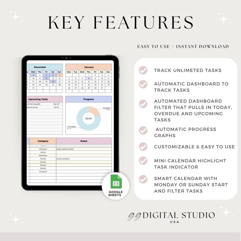 May include: A digital planner displayed on a tablet, featuring calendar views for December and January, task tracking, and progress graphs. Text includes "Key Features" and "Easy to Use + Instant Download."