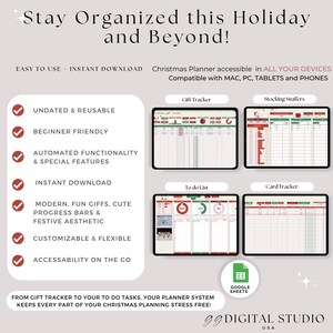 May include: Digital Christmas planner with a festive aesthetic. Features include gift tracker, to-do list, and card tracker. Compatible with MAC, PC, tablets, and phones. The planner is undated, beginner-friendly, and customizable.