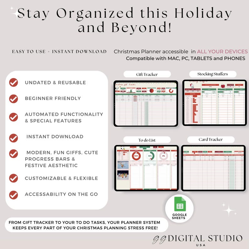 May include: Digital Christmas planner with a festive aesthetic. Features include gift tracker, to-do list, and card tracker. Compatible with MAC, PC, tablets, and phones. The planner is undated, beginner-friendly, and customizable.