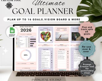 May include: A laptop displaying a digital goal planner with the text "Ultimate Goal Planner". The planner includes sections for tracking goals, a vision board, and more. The screen shows a progress overview and the text "Plan and track up to 16 goals".