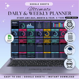 Puede incluir: Un portátil que muestra un planificador digital con el texto "Ultimate Daily & Weekly Planner". El planificador presenta un diseño en modo oscuro con gráficos coloridos. El texto incluye "Start Any Day, Month & Year, 6 Tabs" y "Easy to Use | Google Sheets | Instant Download."