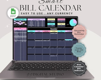 May include: A laptop displaying a "Smart Bill Calendar" for December 2025. The screen shows a calendar layout with bill tracking features, including an upcoming bill reminder and the ability to track over 100 bills. The text "Easy to Use. Any Currency" is displayed.