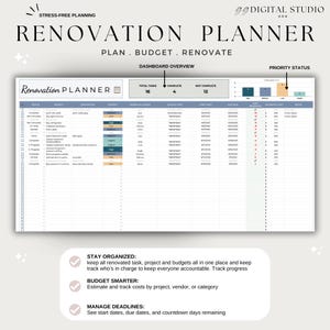 May include: A white and beige Renovation Planner with the text "Renovation Planner" and "Plan. Budget. Renovate." The planner includes a dashboard overview with sections for total tasks, complete, and not complete. It also includes a section for priority status.