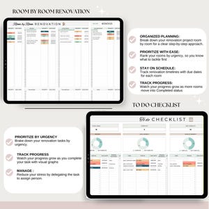 Op de afbeelding: Twee digitale tablets met renovatieplanningstools. E&eacute;n tablet toont een kamer-voor-kamer renovatieschema met vervaldatums. De andere tablet heeft een takenlijst met voortgangsregistratie. Tekst bevat "Room by Room Renovation" en "To Do Checklist".