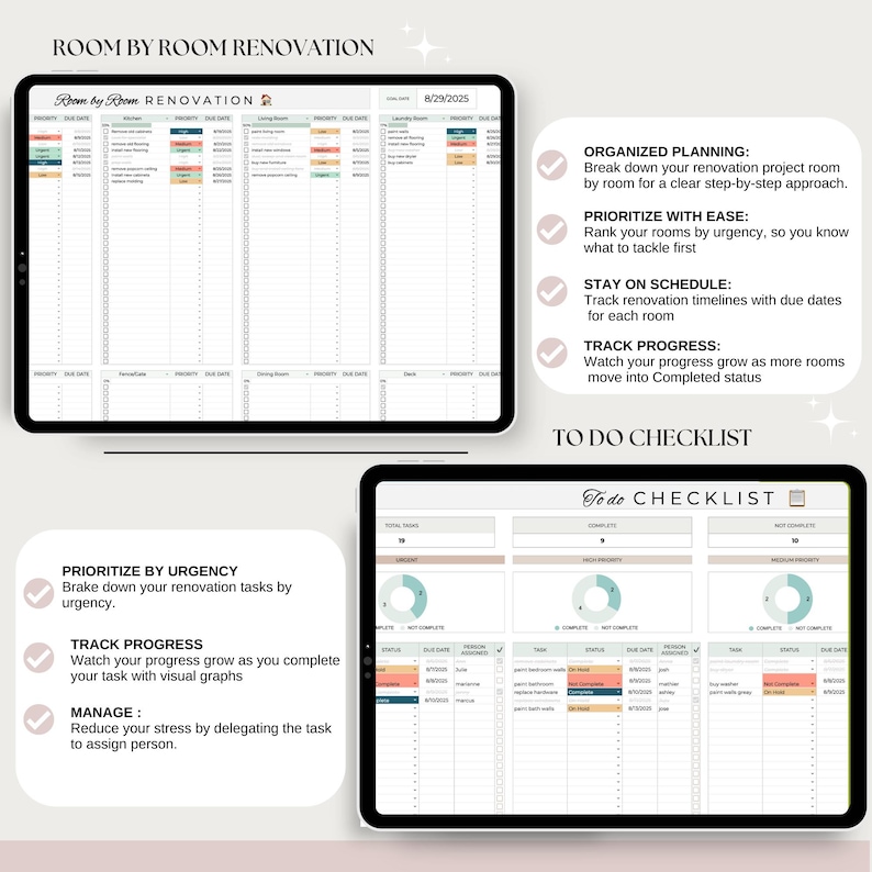 Op de afbeelding: Twee digitale tablets met renovatieplanningstools. E&eacute;n tablet toont een kamer-voor-kamer renovatieschema met vervaldatums. De andere tablet heeft een takenlijst met voortgangsregistratie. Tekst bevat "Room by Room Renovation" en "To Do Checklist".