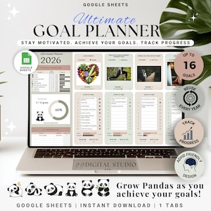 May include: A laptop screen displays a digital goal planner titled "Ultimate Goal Planner" with the text "Stay motivated. Achieve your goals. Track progress." The planner includes sections for tracking goals, progress, and rewards. The design features panda illustrations and the text "Grow Pandas as you achieve your goals!"