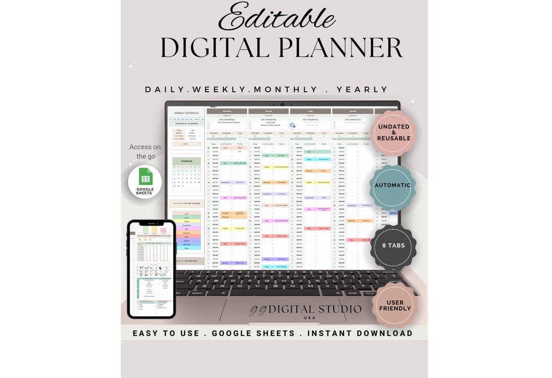 Google Sheets Weekly Planner, Edible Planner Spreadsheet, Weekly Hourly ...