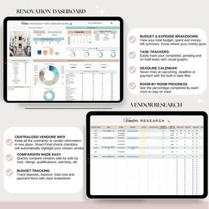 Op de afbeelding: Twee digitale tablets met een renovatiedashboard en informatie over leveranciersonderzoek. Het dashboard toont budget, taakvolgers en kamerprogressie. Leveranciersonderzoek omvat contactgegevens en beoordelingen.
