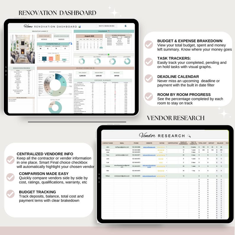 Op de afbeelding: Twee digitale tablets met een renovatiedashboard en informatie over leveranciersonderzoek. Het dashboard toont budget, taakvolgers en kamerprogressie. Leveranciersonderzoek omvat contactgegevens en beoordelingen.