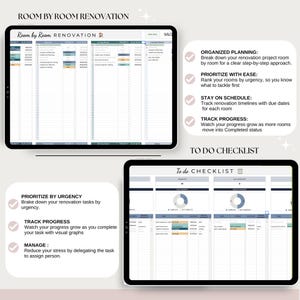 May include: Two digital tablets displaying renovation planning spreadsheets and a to-do checklist. The top tablet shows a detailed room-by-room renovation schedule. The bottom tablet features a to-do checklist with progress tracking. Text includes "Room by Room Renovation".