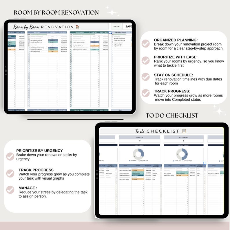 May include: Two digital tablets displaying renovation planning spreadsheets and a to-do checklist. The top tablet shows a detailed room-by-room renovation schedule. The bottom tablet features a to-do checklist with progress tracking. Text includes "Room by Room Renovation".