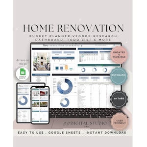 Könnte beinhalten: Digitales Home-Renovierungs-Dashboard, angezeigt auf einem Laptop, Tablet und Smartphone. Das Dashboard enthält Budget-, Planer- und Lieferanten-Recherche-Tools. Der Text "Home Renovation" und "Easy to Use, Google Sheets, Instant Download" sind ebenfalls enthalten.