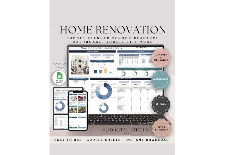 May include: A digital home renovation dashboard displayed on a laptop, tablet, and smartphone. The dashboard includes budget, planner, and vendor research tools. The image also includes the text "Home Renovation" and "Easy to Use, Google Sheets, Instant Download."