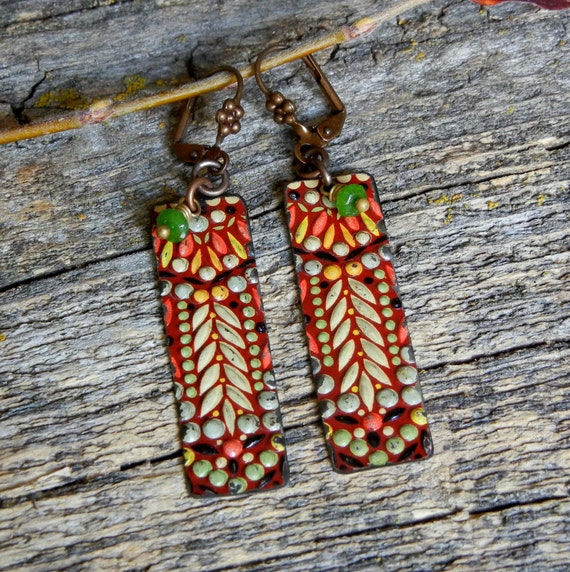 Items similar to Vintage Tin Earrings Rectangular Maroon Mosaics