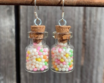Sprinkle Earrings, Candy Earrings, Sprinkle Glass Bottle Earrings, Birthday Candy Kawaii, Candy Jewelry, Dangle Earrings, Rainbow Sprinkles