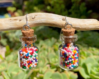 Sprinkle Earrings, Candy Earrings, Sprinkle Glass Bottle Earrings, Birthday Candy Kawaii, Candy Jewelry, Dangle Earrings, Rainbow Sprinkles