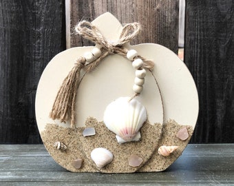 Beach Coastal Farmhouse Pumpkin, Nautical Halloween Thanksgiving Decor, Tiered Tray Decor, Fall Autumn Beach Decoration, Wood Pumpkin