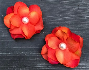 Sunset Orange Flower Hair Clips, Flower Hair Clip Set of 2, Pigtail Clips, Flower Girl Hair Clips, Bridal Hair Clips, Family Portaits