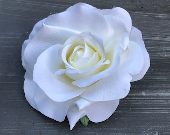 White Rose Hair Clip, 4” Wedding Flower Clip, Floral Hairpiece, Bridal Hair Accessories, Wedding Prom Rockabilly, Bridal Flower Clip