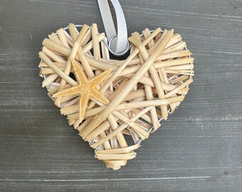 Wicker Beach Coastal Farmhouse Heart, Nautical Starfish Decor, Tiered Tray Decor, Beach Decoration, Rattan Heart, Coastal Decor Valentines