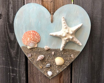 Beach Coastal Farmhouse Heart, Nautical Starfish Decor, Tiered Tray Decor, Beach Decoration, Wood Seashells Heart, Coastal Decor