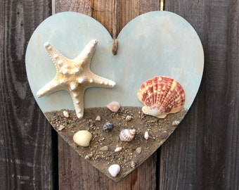 Beach Coastal Farmhouse Heart, Nautical Starfish Decor, Tiered Tray Decor, Beach Decoration, Wood Seashells Heart, Coastal Decor