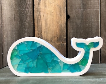 Sea Glass Whale Sign, Beach Decor, Vacation Home, Coastal Decor, Beach House, Whale Nursery Nautical