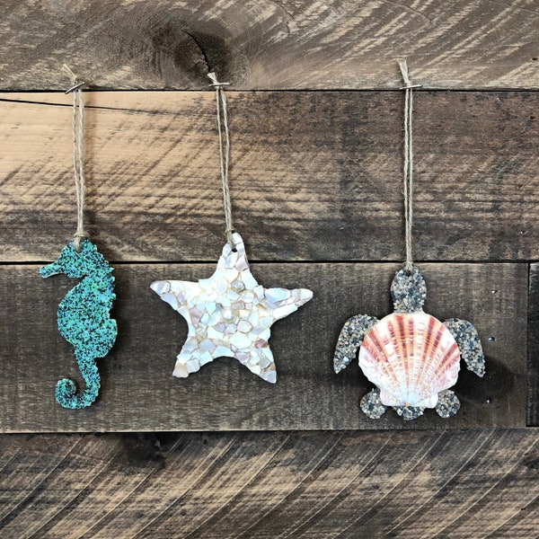 Tropical Turtle, Starfish Seahorse Christmas Ornaments, Set of 3, Sea Shell Ornaments, Beach Ornaments, Beach Decor, Coastal Christmas