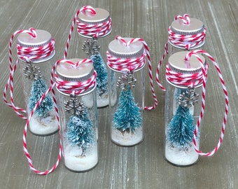 Retro Snow Globe Ornaments, Bottle Brush Christmas Tree Ornament, Vintage Holiday, Farmhouse Ornaments, Hostess Gift, Snow Ornaments