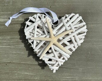 Wicker Beach Coastal Farmhouse Heart, Nautical Starfish Decor, Tiered Tray Decor, Beach Decoration, Rattan Heart, Coastal Decor Valentines