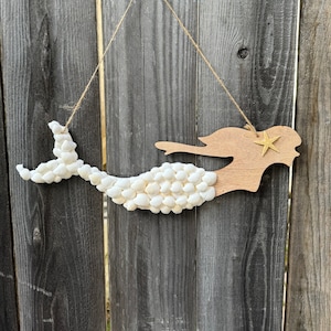 Seashell Mermaid Wall Hanging, Beach Decor, Coastal Decor, Wall Decor, Mermaid Sign, Nautical Decor, Mermaid Decor, Seashell,