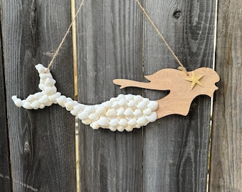 Seashell Mermaid Wall Hanging, Beach Decor, Coastal Decor, Wall Decor, Mermaid Sign, Nautical Decor, Mermaid Decor, Seashell,