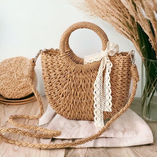 Straw Bag, Hand-Woven Handbag, Moon Shape Lace Bow Rattan Bag, Beach Shoulder Crossbody Bag,