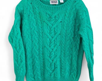 Forenza Green Cable Knit Mohair Blend Crewneck Sweater Vintage 1980s Medium