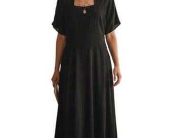 1930s 1940s Handmade Black Rayon Dress | True Vintage Midi Dress