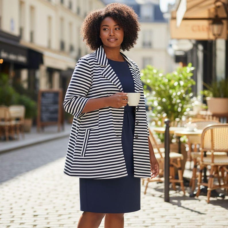 May include: A navy blue dress is worn with a black and white striped blazer. The blazer has three-quarter length sleeves and two front pockets. The person is holding a white mug. The background shows a European street scene with outdoor seating.