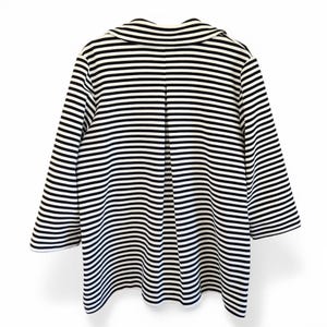 May include: A black and white striped jacket with a wide collar and three-quarter sleeves. The jacket has a vertical pleat in the back, and the stripes are horizontal across the body and sleeves. The jacket is displayed against a white background.
