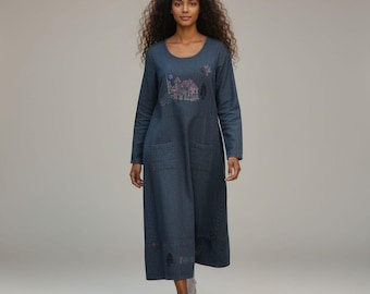 Vintage Lucky & Izzy Linen Long Sleeve Dress Hand Painted Wearable Art Boho Cottagecore M/L