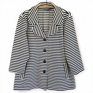 May include: A black and white striped blazer with a notched collar, three-quarter sleeves, and three black buttons. The blazer has a classic design with a tailored fit and two front pockets. The garment is hanging on a wooden hanger.