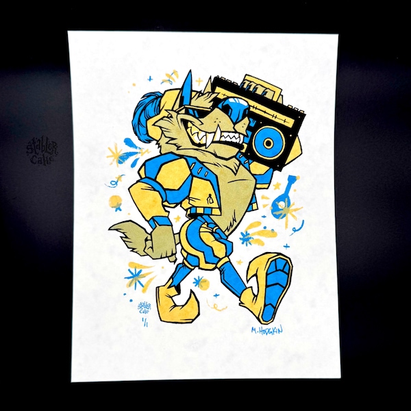Boom Box Bard Silkscreen Print 8.5x11 - Blue/Metallic Gold (White Background)