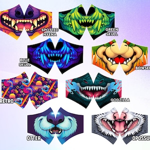 May include: A selection of face masks with diverse designs. Featuring a spotted hyena, green skull, blue skull, Bowser, retro, Godzilla, otter, and opossum. Each mask showcases a unique graphic design, with vivid colours and detailed illustrations.
