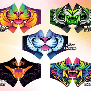 Puede incluir: Una colección de mascarillas con diseños inspirados en animales. Las mascarillas presentan ilustraciones vibrantes de un tigre tropical, un tigre verde, un leopardo de las nieves, un gato negro y un tigre enfadado. Cada mascarilla tiene una paleta de colores única y el nombre del animal impreso.