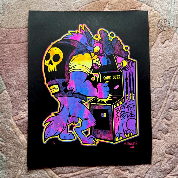 Game Over - 11x14 Blacklight Marbled Silkscreen Print (Blue/Yellow)