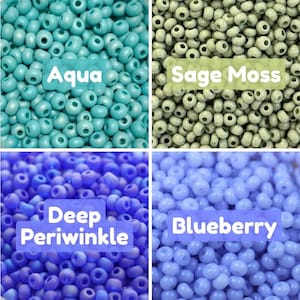 May include: Four quadrants of seed beads in various colors. The top left is aqua, the top right is sage moss, the bottom left is deep periwinkle, and the bottom right is blueberry. Each quadrant has a label with the color name.