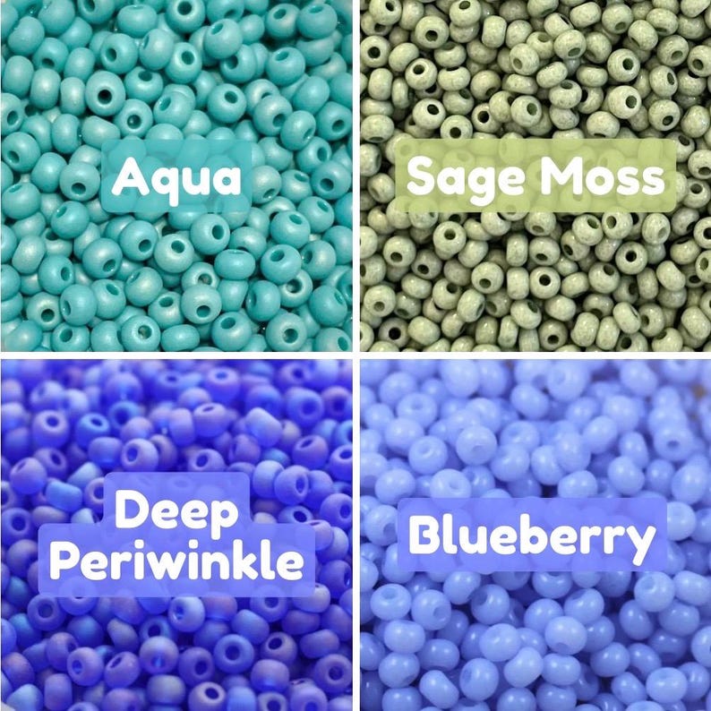 May include: Four quadrants of seed beads in various colors. The top left is aqua, the top right is sage moss, the bottom left is deep periwinkle, and the bottom right is blueberry. Each quadrant has a label with the color name.